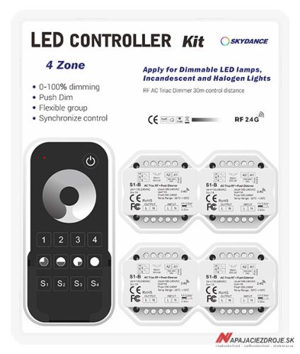 Sada RF ovládač RT6 a 4x prijímač pre stmievanie 230V TRIAC  (1-kanál)