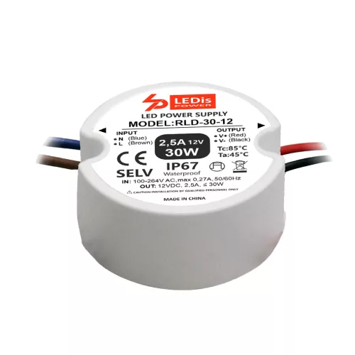 LEDis RLD-30-12, kruhový LED napájací zdroj 30W/12V, IP67, ø=55mm, do krabičky