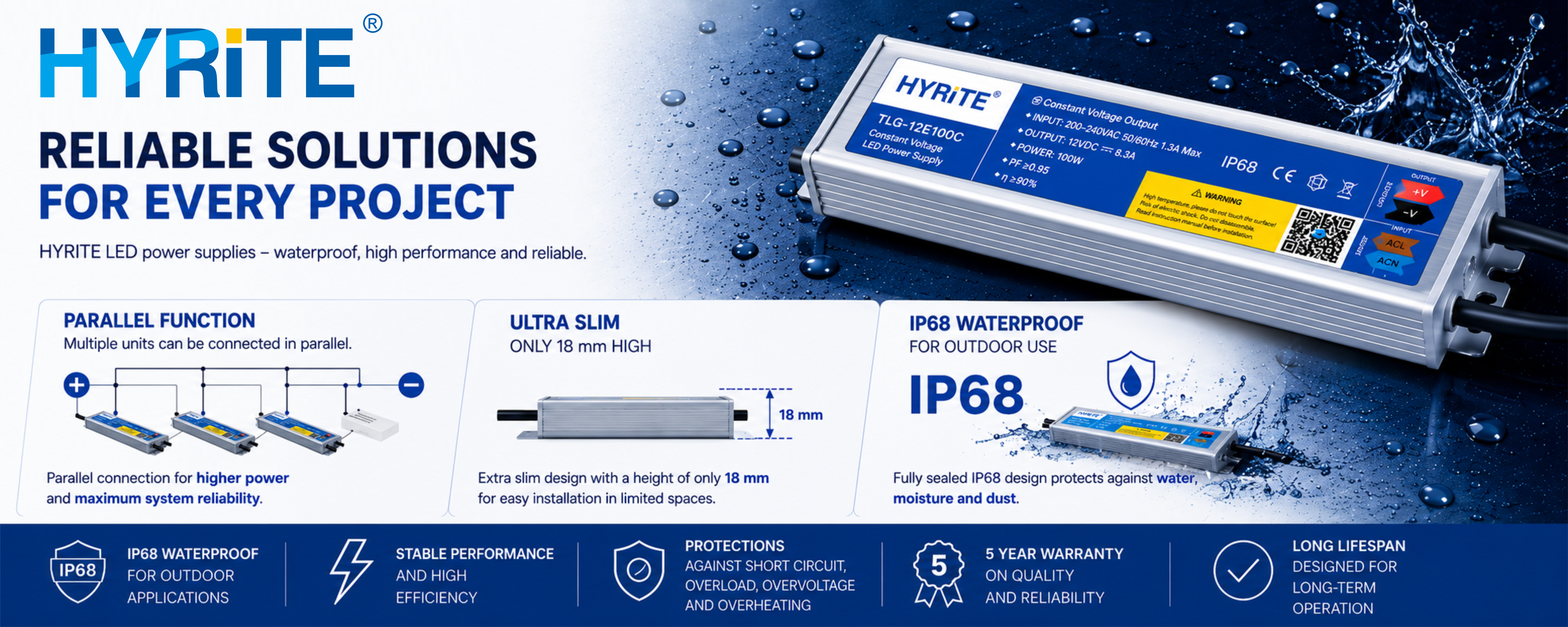 HYRITE LED Power Supplies - IP68, Ultra Slim 18 mm, Parallel Function